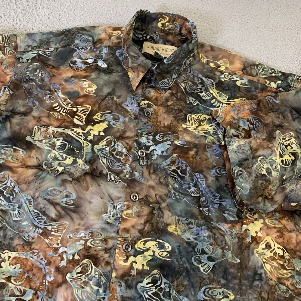 Johari West‎ Shirt Mens XL Button Up Hawaiian Bass Fish All Over Print Pocket